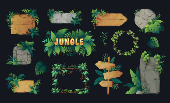 Jungle game. Stone or wooden blank boards. Exotic forest elements. Wood frame with palm leaves and lianas. Rainforest bamboo pointer signage. UI signboards set. Vector cartoon backgrounds
