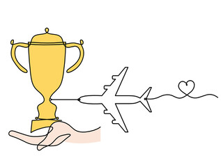 Abstract color cup with plane as continuous lines drawing on white