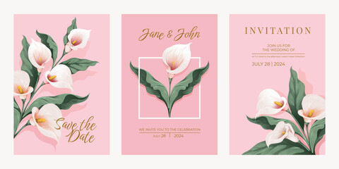 Flower wedding invite. White calla flowers on pink background, golden letters. Floral pastel spring greeting card design, lily and magnolia bouquet, botanical invitation template. Vector set