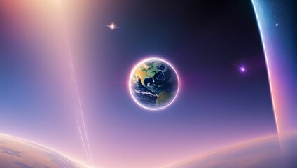 Purple space. earth & universe, unknown beautiful planet, illustration design. An imaginary galaxy design. dreamy atmosphere moonlight. Generative AI
