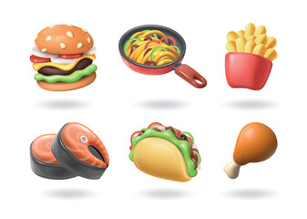 3D food. Pizza icon. Pasta preparing in pan. Chicken and fried potato. Hamburger or meat burger. Fast restaurant eat menu. Fish cooking. Shawarma and burrito. Vector render objects set