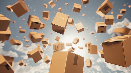 Shopping Bliss, Parcel Rain, Cardboard Package Boxes Falling in the Clear Sky, Generative AI