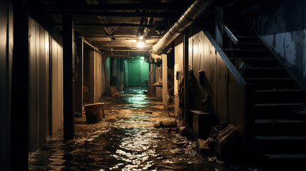 Unfortunate Disaster, Household Crisis, Flooded Basement with Water Damage, Generative AI
