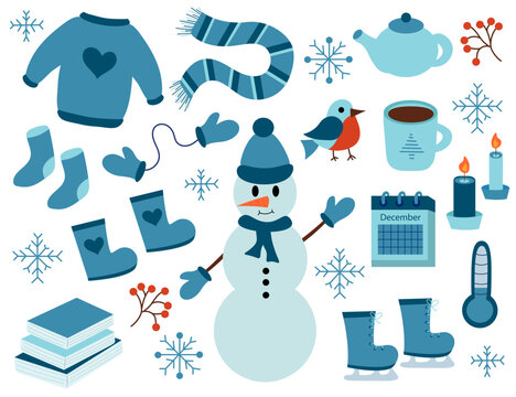 Winter elements set. Snowman in hat. Sweater, socks, boots, scarf, mittens, skates. Teapot and cup. Calendar December. Bird bullfinch. Candles and books. Vector flat illustration.