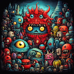 creepy doodle monsters in dark environment