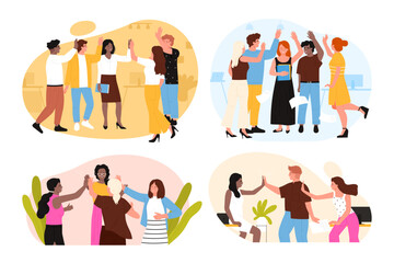 Happy business people give high five set vector illustration. Cartoon scenes with teams of employees in office workplace, colleagues celebrate success teamwork and project, victory and achievement