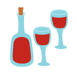 Two glasses and red wine bottle. Vector flat illustration.