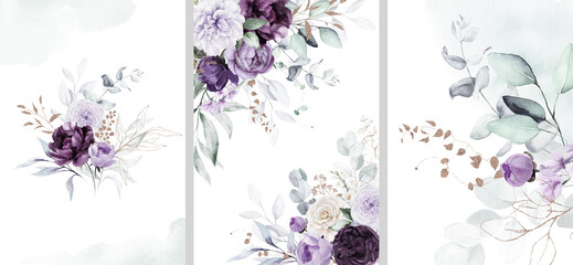 Watercolor floral illustration bouquet set collection gold blue violet purple green frame, border, bouquet, wreath; wedding stationary, greetings, wallpaper, fashion, posters background. Leaves, rose.