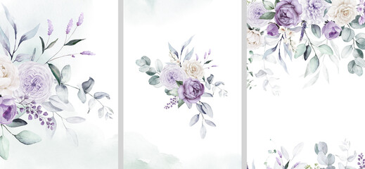Watercolor floral illustration bouquet set collection blue violet purple green frame, border, bouquet, wreath; wedding stationary, greetings, wallpaper, fashion, posters background. Leaves, rose.