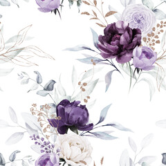 Seamless watercolor floral pattern - violet purple blue gold flowers elements, green leaves branches on white background; for wrappers, wallpapers, postcards, prints, cards, wedding invitations.