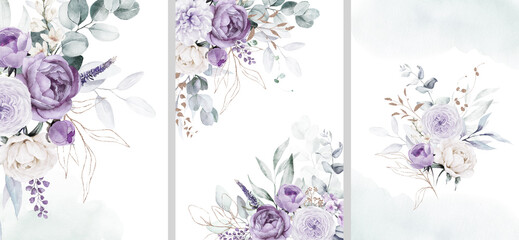 Watercolor floral illustration bouquet set collection gold blue violet purple green frame, border, bouquet, wreath; wedding stationary, greetings, wallpaper, fashion, posters background. Leaves, rose. - 648919924