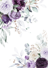 Watercolor floral illustration - border frame with violet purple blue flowers, green leaves, for wedding stationary, greetings, wallpapers, fashion, background, wrapping, prints, patterns.