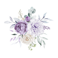 Watercolor floral bouquet - illustration with violet purple blue flowers, green leaves, for wedding stationary, greetings, wallpapers, fashion, backgrounds, textures, prints, patterns. - 648919935