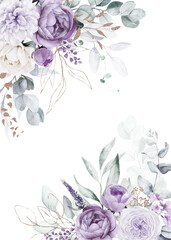 Watercolor floral illustration - border frame with violet purple blue gold flowers, green leaves, for wedding stationary, greetings, wallpapers, fashion, background, wrapping, prints, patterns. - 648919937