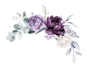 Watercolor floral illustration - border frame with violet purple blue flowers, green leaves, for wedding stationary, greetings, wallpapers, fashion, background, wrapping, prints, patterns. - 648919940