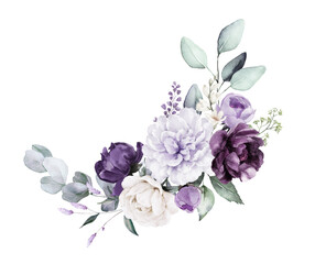 Watercolor floral illustration - border frame with violet purple blue gold flowers, green leaves, for wedding stationary, greetings, wallpapers, fashion, background, wrapping, prints, patterns.