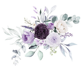 Watercolor floral bouquet - illustration with violet purple blue flowers, green leaves, for wedding stationary, greetings, wallpapers, fashion, backgrounds, textures, prints, patterns.