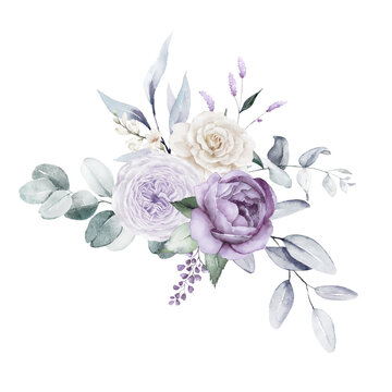 Watercolor floral bouquet - illustration with violet purple blue flowers, green leaves, for wedding stationary, greetings, wallpapers, fashion, backgrounds, textures, prints, patterns.