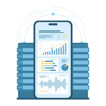 Business data monitoring with mobile app vector illustration. Cartoon isolated smartphone screen with infographic finance graphs and charts report for online analytics, analyzing statistics system