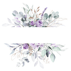 Watercolor floral frame - illustration with gold violet purple blue flowers, green leaves, for wedding stationary, greetings, wallpapers, fashion, backgrounds, textures. - obrazy, fototapety, plakaty