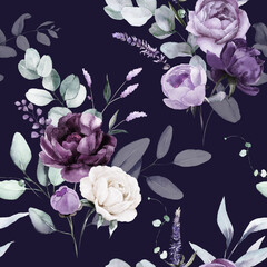 Seamless watercolor floral pattern - violet purple blue flowers elements, green leaves branches on dark black background; for wrappers, wallpapers, postcards, prints, cards, wedding invitations.