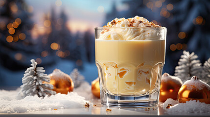 Glass mug of pumpkin spice late or eggnog in a festive, cozy and winter Christmas atmosphere. Home feeling mood.