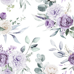 Seamless watercolor floral pattern - violet purple blue flowers elements, green leaves branches on white background; for wrappers, wallpapers, postcards, prints, cards, wedding invitations.