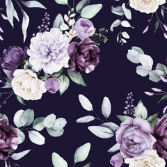 Seamless watercolor floral pattern - violet purple blue flowers elements, green leaves branches on dark black background; for wrappers, wallpapers, postcards, prints, cards, wedding invitations.