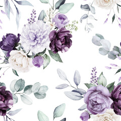 Seamless watercolor floral pattern - violet purple blue flowers elements, green leaves branches on white background; for wrappers, wallpapers, postcards, prints, cards, wedding invitations. - 648920157