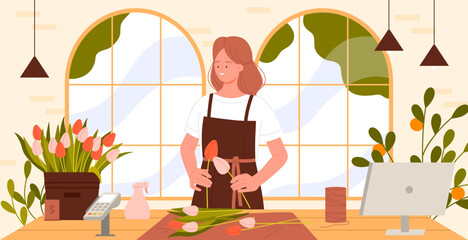 Florists shop vector illustration. Cartoon woman making bouquet from spring garden flowers with creativity, girl seller standing at table with tulips for vase, handicraft and floristry workshop