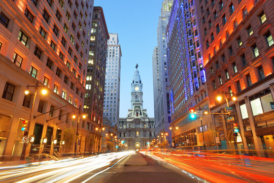 Philadelphia, Pennsylvania, USA cityscape on Broad Street with City Hall