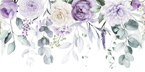 Bouquet border - green leaves and violet purple blue flowers on white background. Watercolor hand painted seamless border. Floral illustration. Foliage pattern.