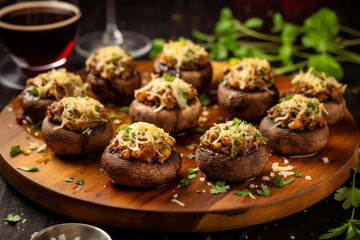 Fototapeta na wymiar Champignon mushrooms stuffed with minced meat and baked with cheese.
