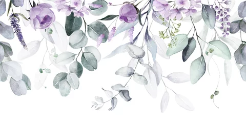 Fotobehang Bouquet border - green leaves and violet purple blue flowers on white background. Watercolor hand painted seamless border. Floral illustration. Foliage pattern. © Veris Studio