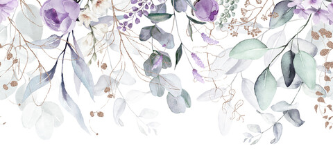 Bouquet border - green leaves and gold violet purple blue flowers on white background. Watercolor hand painted seamless border. Floral illustration. Foliage pattern. © Veris Studio