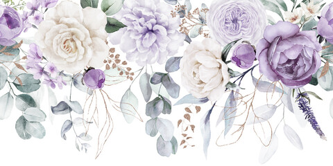 Bouquet border - green leaves and gold violet purple blue flowers on white background. Watercolor hand painted seamless border. Floral illustration. Foliage pattern. - 648920390