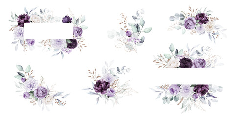 Watercolor floral illustration bouquet set collection gold blue violet purple green frame, border, bouquet; wedding stationary, greetings, wallpaper, fashion, posters background. Leaves, rose. - 648920399