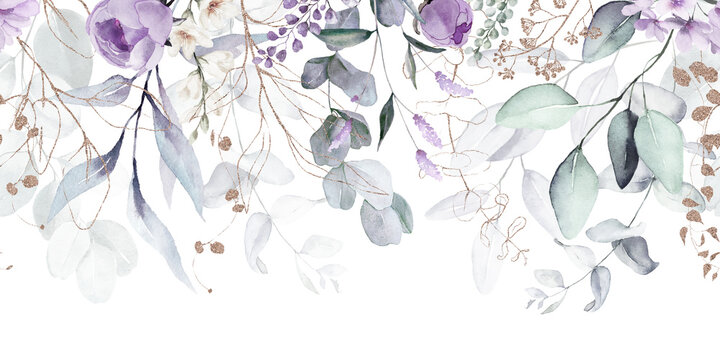 Bouquet border - green leaves and gold violet purple blue flowers on white background. Watercolor hand painted seamless border. Floral illustration. Foliage pattern.