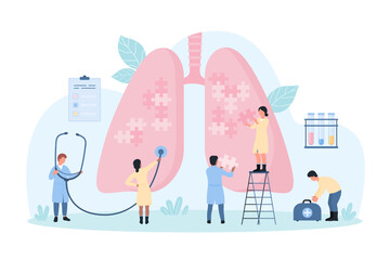 Lungs health, pulmonology vector illustration. Cartoon tiny doctors pulmonologists connect parts of puzzle jigsaw inside human lungs, people work on diagnosis of pulmonary disease with stethoscope - Powered by Adobe