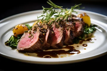 Poster Lamb loin, grilled, sprinkled with microgreens. Restaurant menu dish. © serperm73