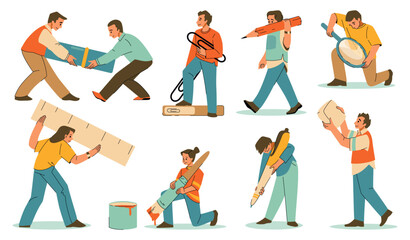 Fototapeta na wymiar Stationery characters. People holding office supplies. Big pen and pencil. Student with magnifier. Woman with eraser or paintbrush. Man carrying highlighter. Work persons vector set