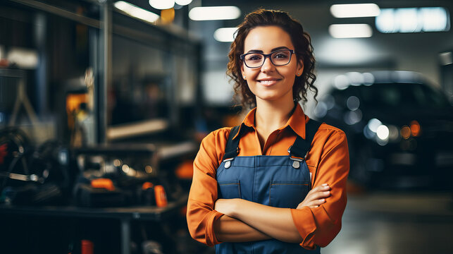 Portrait of a beautiful female auto mechanic wearing safety glasses stands with her arms crossed in an auto workshop. Professional machine maintenance.