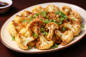 Baked cauliflower on a plate, a dish from the restaurant menu. - obrazy, fototapety, plakaty