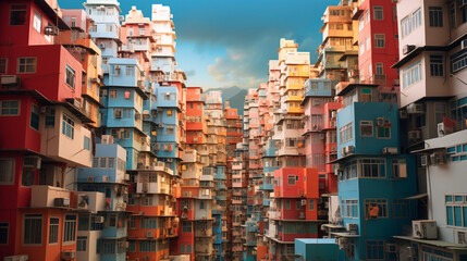 Hongkong with colorful Yick fat building in Clear sky in paper art and craft design concept. Created using generative AI.