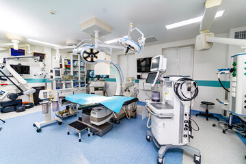Operating medical equipment for healthcare. Professional sterile surgery clinic room.