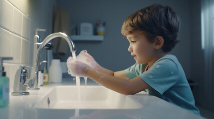 Healthy Habits: Kid Demonstrates Daily Hygiene Routine, Washing Hands Under Tap in Light Home Bathroom.