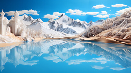 Morning time in Leh Ladakh lake India with reflection wallpaper in paper art and craft design concept and animation. Created using generative AI.