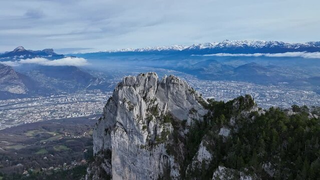 Beautiful aerial flight over Alps rocky limestone Grenoble France 