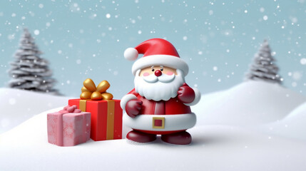 Santa Claus with gift boxes and frosted pine trees on snow mountain, cute 3D illustration, Christmas background.