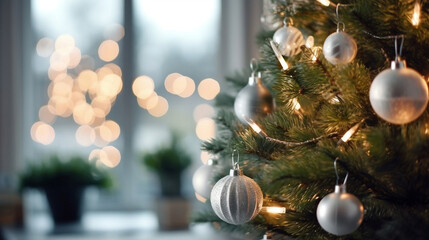 Silver baubles and glowing light bulbs on the Christmas tree near window, close up shot, Christmas background. - obrazy, fototapety, plakaty